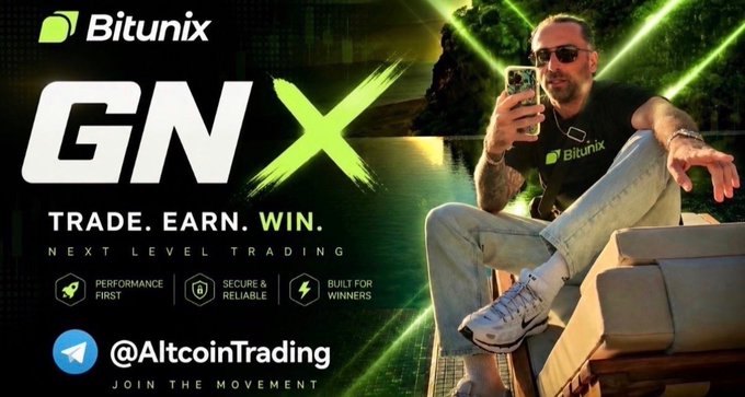 A promotional banner for Bitunix's "GNX" campaign featuring the tagline "TRADE. EARN. WIN. NEXT LEVEL TRADING" alongside features like "PERFORMANCE FIRST," "SECURE & RELIABLE," and "BUILT FOR WINNERS," with the handle "@AltcoinTrading." On the right, a man wearing a Bitunix shirt poses with his phone against a neon green-lit backdrop. The image ties to the post's message by visually reinforcing the idea of confident, disciplined trading—pairing the ad's "winner" branding with the caption's reminder that true success comes from staying consistent through losses and wins alike.