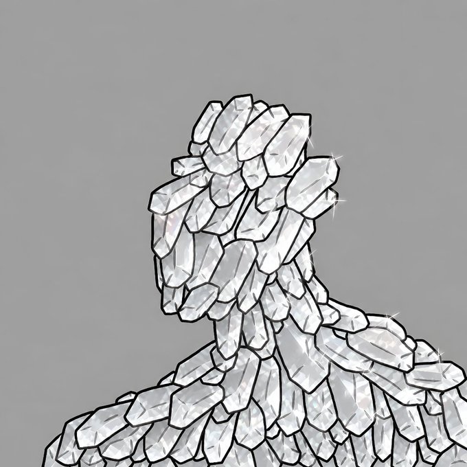 A stylized digital illustration of a humanoid figure composed entirely of sparkling gray crystalline shards against a gray background.
