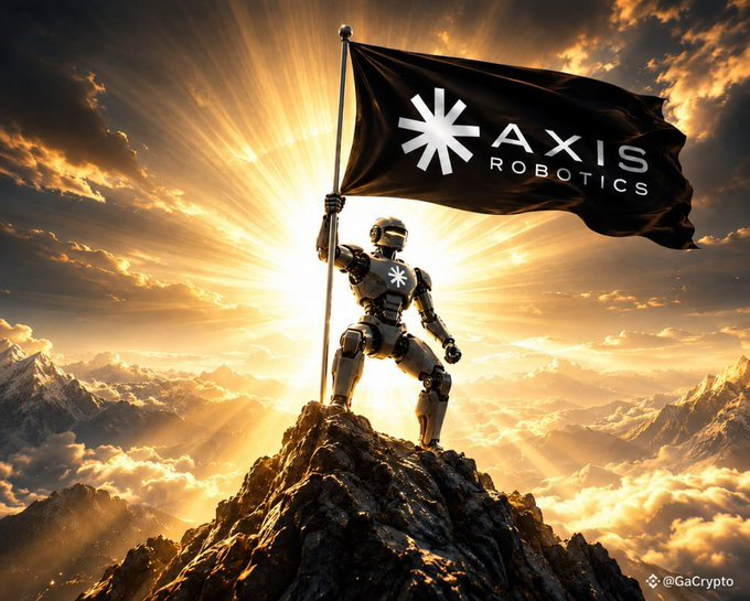 A dramatic digital artwork showing a robotic figure planting the 'AXIS ROBOTICS' flag on a mountain summit with sun rays breaking through clouds.