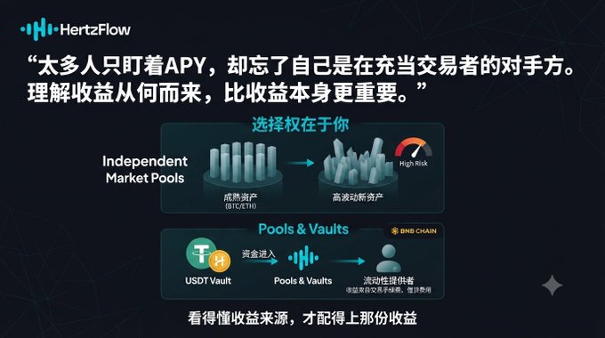 An infographic by 'HertzFlow' in Chinese discussing market pools, high-risk assets, USDT vaults, and BNB Chain pools and vaults.