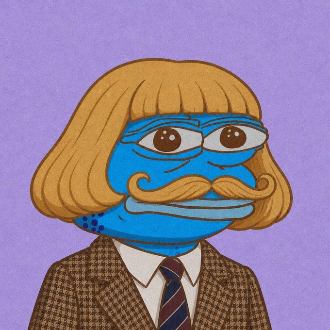 An illustrated portrait features a blue-skinned character with a blonde bob haircut, curled mustache, and brown checkered suit against a solid purple background.