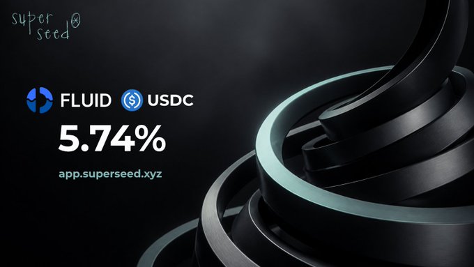 A promotional graphic for 'super seed' platform showing a 5.74% rate for FLUID and USDC tokens, with the URL 'app.superseed.xyz' and an abstract 3D spiral design.
