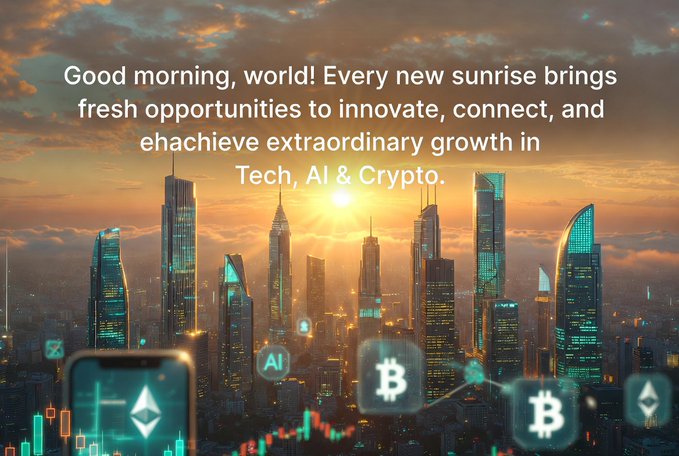 A motivational graphic with a cityscape at sunrise and overlaid text: 'Good morning, world! Every new sunrise brings fresh opportunities to innovate, connect, and achieve extraordinary growth in Tech, AI & Crypto.'