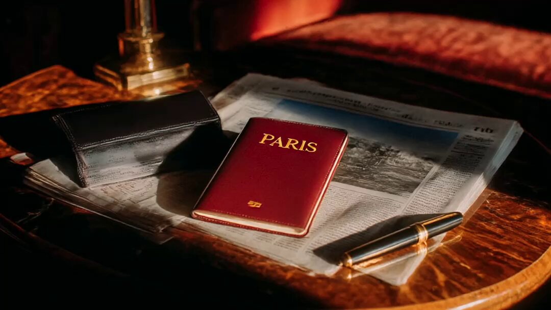 The image features a red passport laying open on top of a newspaper that has "Paris" written on it. The passport appears to be well-used or recently used by someone who traveled to Paris. A pen can also be seen next to the passport, suggesting that the person might have been writing something down while in Paris.