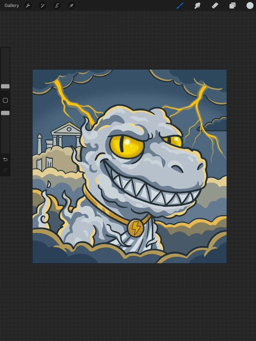 The image features a cartoon dinosaur with yellow eyes and teeth, wearing a gold collar around its neck. The dinosaur appears to be smiling or frowning, depending on the viewer's interpretation. The background of the image shows a sky filled with clouds, giving the impression that the dinosaur is standing in front of an ancient temple. The post includes text that reads "I present to you our first legendary 1/1 of the collection! ＺＥＵＳ ＣＨＯＭ", which suggests that this image might be part of a series or collection, and possibly related to the name of the character in question.