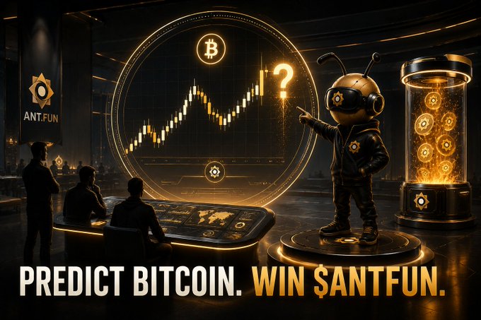 The image depicts a futuristic scene with a Bitcoin chart and the text "PREDICT BITCOIN. WIN $ANTFUN.", promoting a contest where participants who made the closest BTC price predictions have received prizes, as announced in the accompanying post.