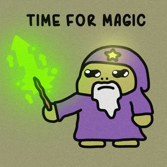 A cartoon illustration of an old wizard in a purple robe with a white beard, holding a wand that emits green magical sparkles, under the text 'TIME FOR MAGIC'.