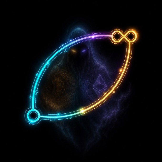 A glowing neon design on a black background forming a teardrop or cycle shape with an infinity symbol at the top, with faint Bitcoin and Ethereum logos visible inside.