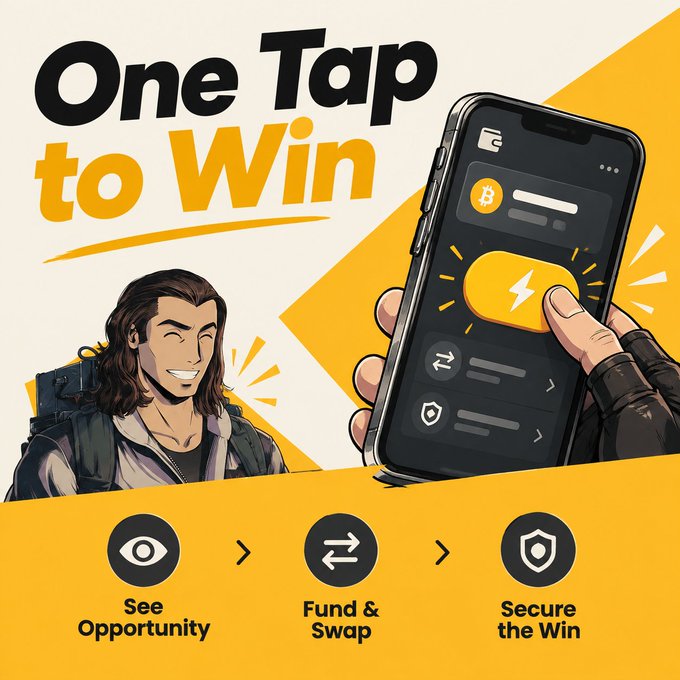 A promotional graphic reads 'One Tap to Win' featuring an illustrated character with a backpack, a hand tapping a lightning bolt button on a smartphone app, and steps: 'See Opportunity', 'Fund & Swap', and 'Secure the Win'.