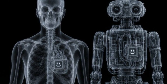 A side-by-side X-ray style image showing a human skeleton and a robot, both featuring a small computer chip with a smiley face in their chest areas.
