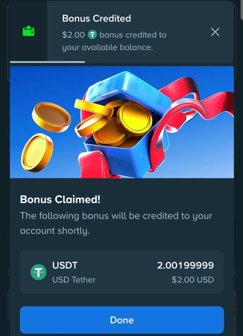 A mobile app notification showing 'Bonus Credited' with $2.00 USDT bonus credited to available balance, featuring an illustration of a blue gift box with red ribbon and gold coins.