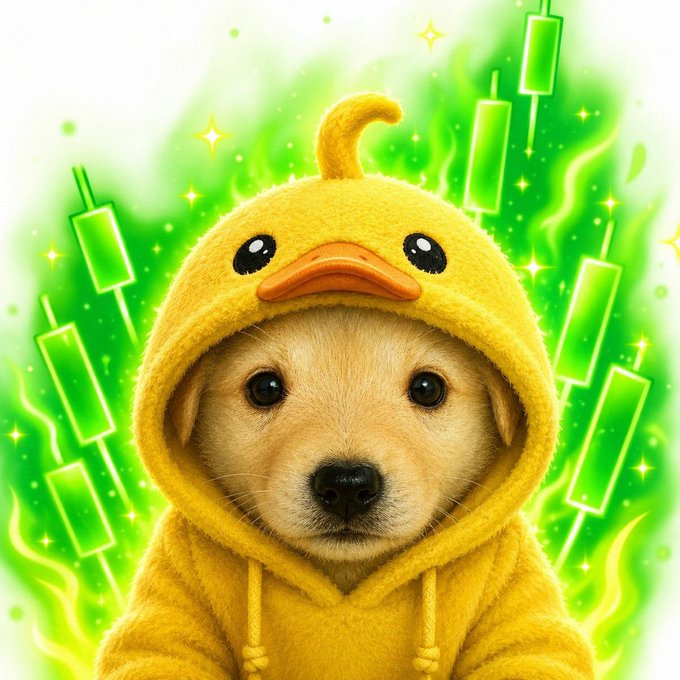 The image features a small puppy wearing a yellow hoodie, which has a duck design on it. The puppy appears to be dressed up as a duck for fun or possibly for a themed event. In the background of the image, there are green dollar signs floating in the air, creating an interesting and whimsical atmosphere.