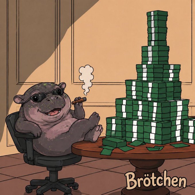 A cool cartoon hippo relaxes in a chair, smoking a cigar next to a giant tower of cash, with "Brötchen" written on the table. This image relates to the post by visualizing the potential big gains and wealth promised by something exciting happening soon.