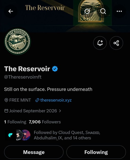 A screenshot of the Twitter/X profile for "The Reservoir" (@Thereservoirnft) showing a verified NFT collection with 7,906 followers, featuring its logo, the tagline "Still on the surface. Pressure underneath," and a free mint link to thereservoir.xyz, which aligns with the accompanying post highlighting the project's 3,333 supply, free mint, and holder-driven Vessel progression on Robinhood Chain.