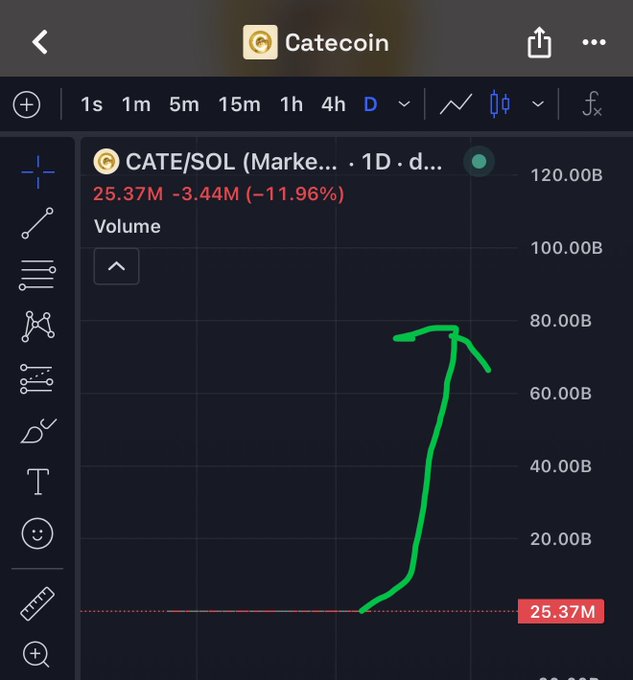 A Catecoin (CATE/SOL) trading chart on a daily timeframe shows a dramatic price rise from 25.37M to roughly 75B, followed by a decline, with “25.37M” marked on the chart.
