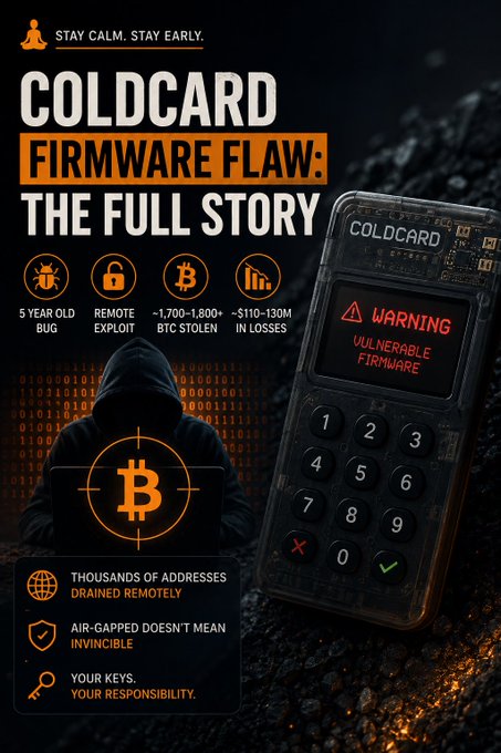 An infographic titled "COLDCARD FIRMWARE FLAW: THE FULL STORY" highlights a security vulnerability, noting "~1,700-1,800+ BTC STOLEN", "~$110-130M IN LOSSES", and displaying a "WARNING VULNERABLE FIRMWARE" message on the hardware wallet.