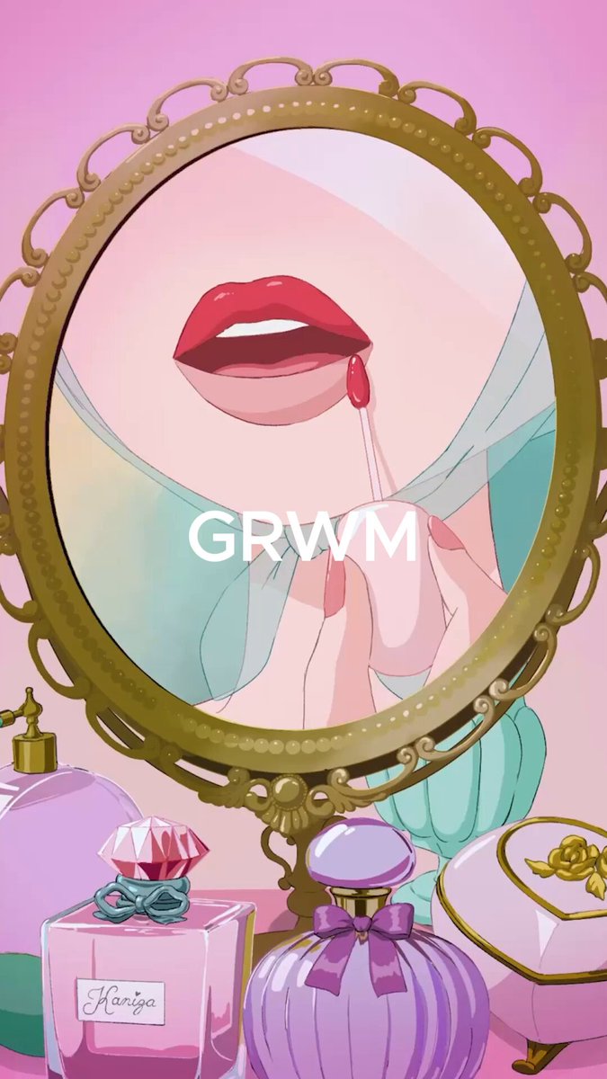 The image features a pink vanity mirror with a gold frame that displays an illustration of a woman's face and lips. The vanity has various perfume bottles, including one labeled "Kaniza" and another named "Emoji Girl". The text on the image reads "GRRM" in white letters at the bottom right corner.