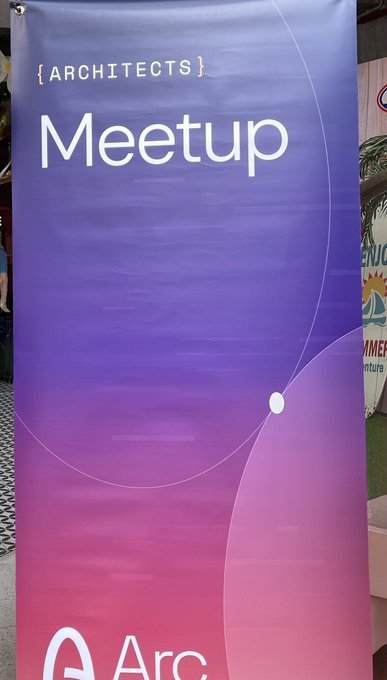 A purple and pink gradient banner for an '{ARCHITECTS} Meetup' event featuring the 'Arc' logo at the bottom.