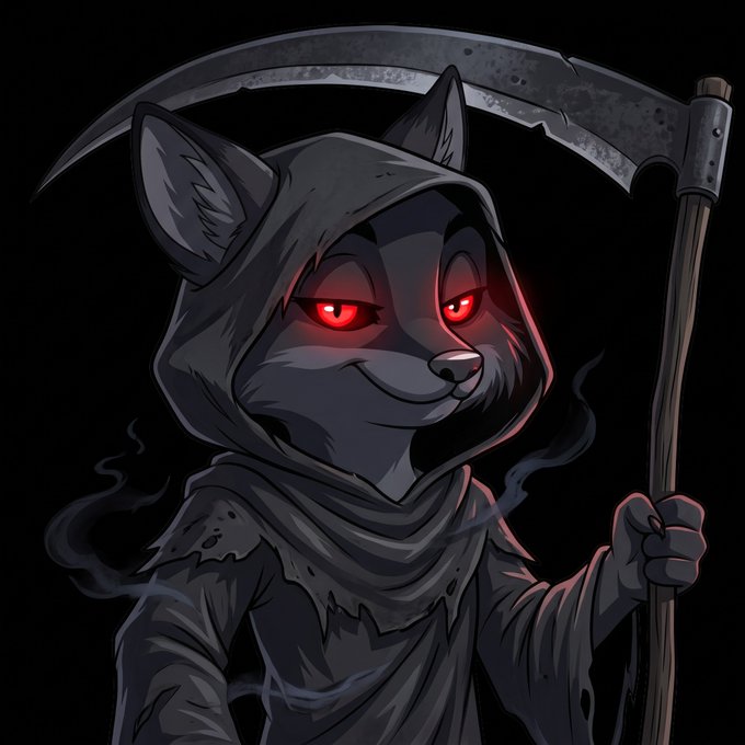 A digital illustration of a cartoonish grim reaper character with red glowing eyes, wearing a hooded robe and holding a scythe, set against a black background with smoky details.