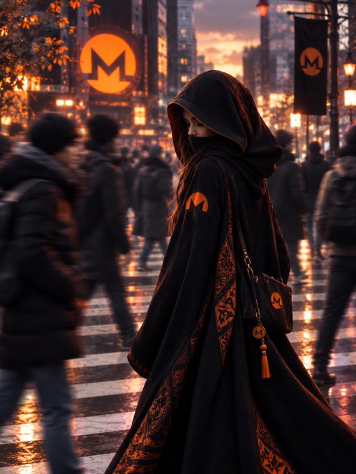 A digital artwork depicting a mysterious figure in a black hooded cloak with orange accents standing on a wet city street at sunset, with a monero-style 'M' logo visible on signs in the background and on the figure's clothing.