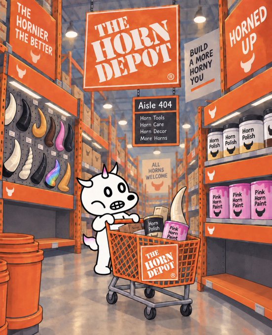 A humorous AI-generated illustration of 'The Horn Depot' store, where a small white unicorn character pushes a shopping cart containing 'Horn Polish' and 'Pink Horn Paint' past shelves stocked with various colored horns and horn care products.