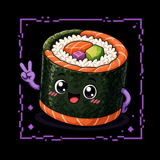 A cartoon sushi roll character with a smiling face, blushing cheeks, and a purple hand making a peace sign, surrounded by a decorative purple border.