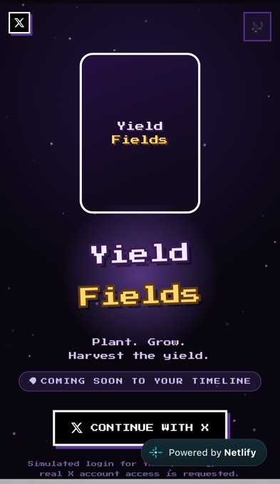 A promotional graphic for "Yield Fields" with the tagline "Plant. Grow. Harvest the yield." and text "COMING SOON TO YOUR TIMELINE" featuring a "CONTINUE WITH X" button.