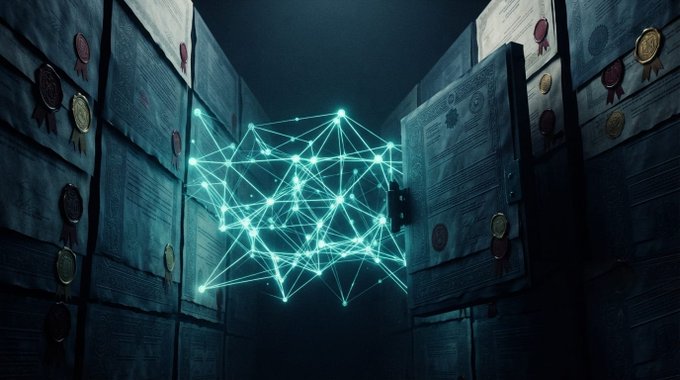 A glowing cyan polyhedron network floats between rows of dark, sealed cabinets adorned with gold and red wax seals in a dimly lit archive.