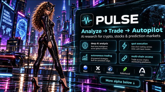 A promotional graphic for 'PULSE' featuring AI research for crypto, stocks, and prediction markets, with a cat-suited woman against a futuristic neon city backdrop.