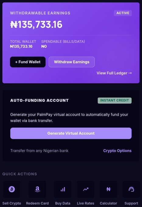 A CribX wallet dashboard shows ₦135,733.16 in withdrawable earnings, described as “Active,” alongside options to fund the wallet, withdraw earnings, and view the full ledger. It also features an auto-funding account, virtual account generation, and quick actions for selling crypto, redeeming cards, buying data, checking live rates, using a calculator, and accessing support—matching the post’s mention of converting BTC, SOL, ETH, USDT, USDC, and more into naira and paying vendors or buying airtime/data.