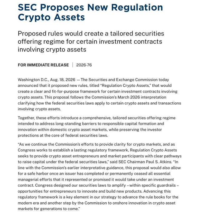 An SEC press release (2026-76, dated Aug. 18, 2026) announcing proposed 'Regulation Crypto Assets' rules to create a tailored securities offering regime for certain investment contracts involving crypto assets, with comments from SEC Chairman Paul S. Atkins.