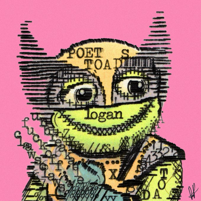 A colorful mixed-media digital artwork on a pink background featuring a frog/toad character with text fragments like "POET'S TOAD" and "logan" overlaid on the face.
