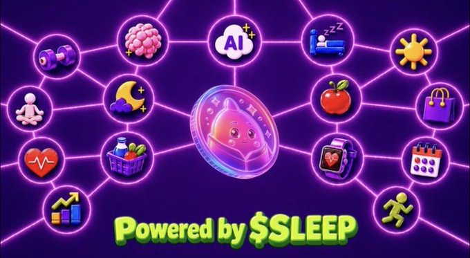 A colorful graphic displaying various lifestyle icons (brain, AI, sleep, sun, shopping, etc.) connected by lines, centered around a pink token and labeled 'Powered by $SLEEP'.