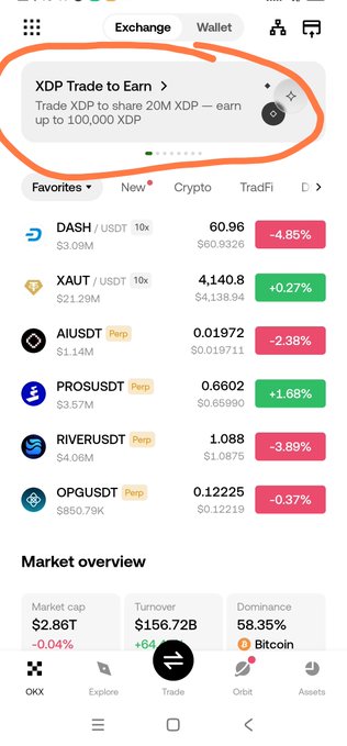 A screenshot of a cryptocurrency trading app showing a market overview with an orange-circled banner for 'XDP Trade to Earn,' listing pairs like DASH, XAUT, AIUSDT, PROSUSDT, RIVERUSDT, and OPGUSDT.