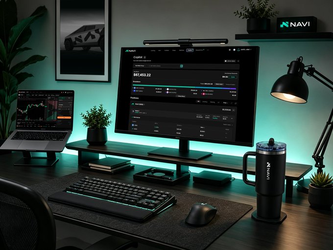 The image shows a computer desk setup, including a monitor displaying financial data, a keyboard, mouse, laptop, and potted plants. There are also two cups placed on the desk - one near the monitor and another further away from the screen. The scene suggests that someone is setting up their workspace for a week focused on NAVI (National Association of Independent Financial Advisor).