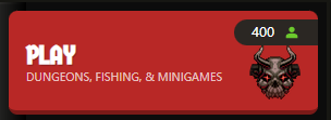 A red promotional banner with 'PLAY DUNGEONS, FISHING, & MINIGAMES' text and a '400' badge alongside a dark demonic character illustration.