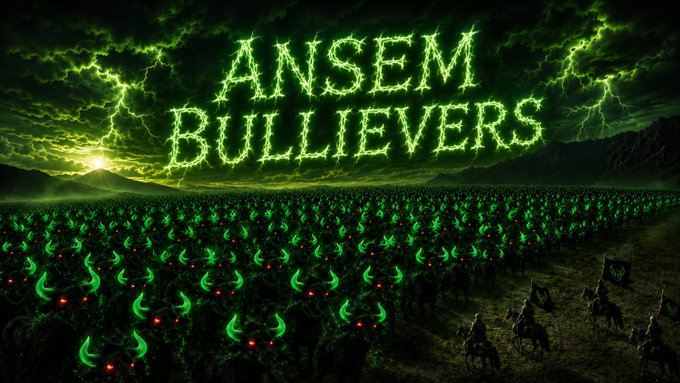 A dark, dramatic army scene shows a massive horde of horned creatures and mounted riders under a stormy sky lit by green lightning, with the glowing text "ANSEM BULLIEVERS" emblazoned across the clouds. The image visually reinforces the post's invitation to join the "ANSEM Bullievers" community, depicting a united "army" of believers rallying together under a shared banner.