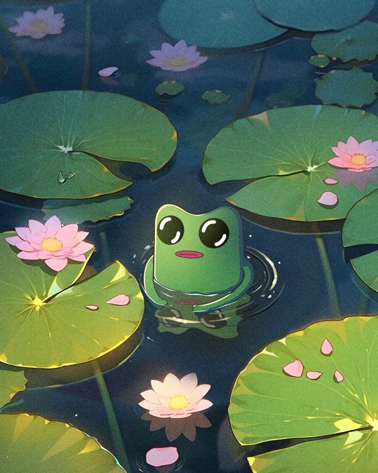 A cute cartoon frog sits peacefully in a serene pond surrounded by lily pads and pink lotus flowers. The peaceful, zen-like illustration perfectly complements the cheerful "Gm web3 happy Friday!" greeting, evoking a calm and positive start to the day.