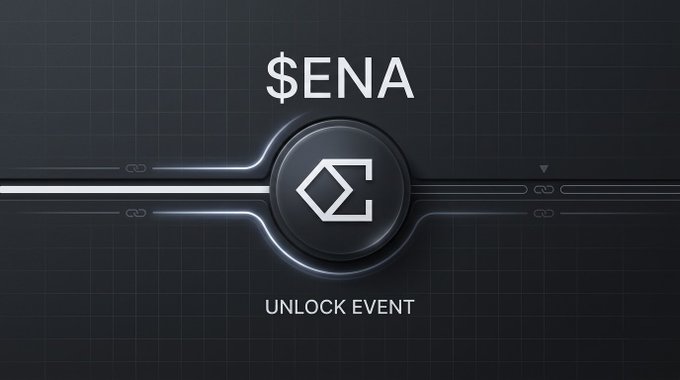 A dark, tech-style promotional graphic displaying "$ENA" above a circular chain emblem and "UNLOCK EVENT" at the bottom.