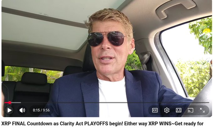 A YouTube video thumbnail shows a man in sunglasses and a blue blazer sitting in a car, titled "XRP FINAL Countdown as Clarity Act PLAYOFFS begin! Either way XRP WINS~Get ready for" with a 9:56 runtime.