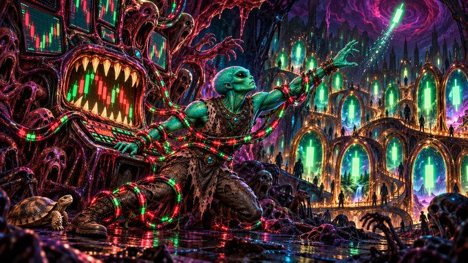 A vibrant, surreal fantasy artwork featuring a green-skinned figure entangled in red and green chains within a dark, gothic cathedral-like environment filled with monstrous creatures and candlelit arches.