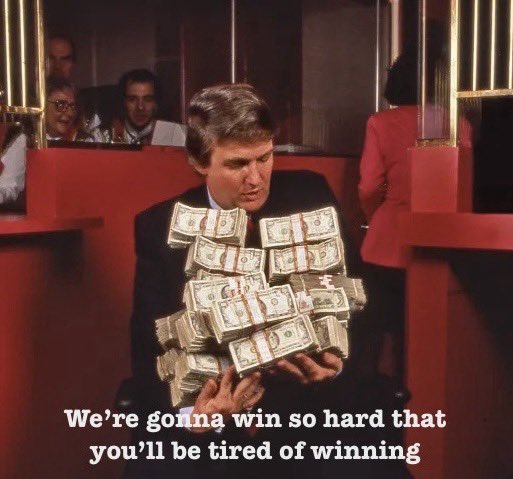 A man in a suit holds an enormous stack of banded $1 bills, with the caption "We're gonna win so hard that you'll be tired of winning," humorously suggesting an overwhelming bullish outlook for $BTC.