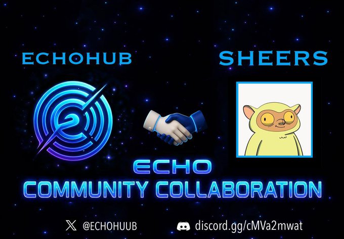A promotional graphic with neon blue text announcing an 'ECHO COMMUNITY COLLABORATION' between ECHOHUB and SHEERS, including their Twitter handle and Discord link against a starry background.