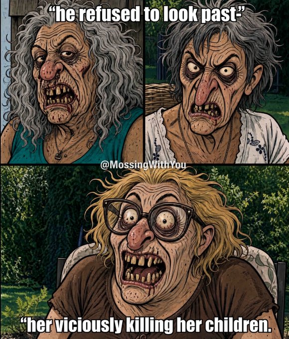 A comic-style meme featuring three grotesque, aged witch characters; text reads "he refused to look past- @MessingWithYou her viciously killing her children."
