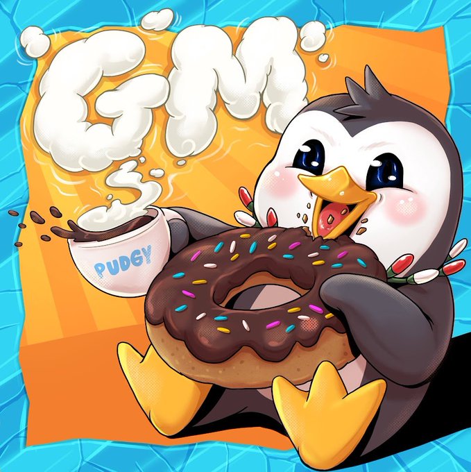 A cheerful cartoon penguin joyfully hugs a chocolate-frosted donut with sprinkles, holding a steaming mug labeled "PUDGY" — the steaming "GM" letters above tying perfectly into the "Gm frens" greeting as a warm, community-style good morning.