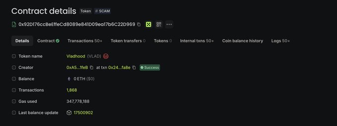 A blockchain explorer screenshot showing contract details for a token labeled #SCAM named 'Vladhood' (VLAD), with 1,868 transactions and 347,778,188 gas used.