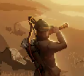 An animated scene showing a character viewed from behind, carrying a large weapon on their back while looking out over a desert landscape.