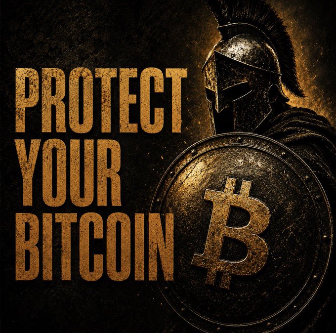 A dramatic dark graphic featuring a Spartan warrior helmet behind a golden Bitcoin shield, with the text 'PROTECT YOUR BITCOIN' in bold orange letters.