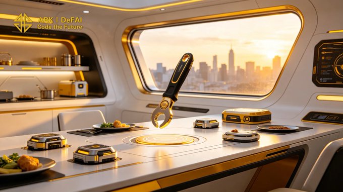 A futuristic kitchen with a robot arm preparing food, featuring the text "ARK | DeFAI Code the Future" and "Arkie AI App," illustrating how Arkie AI integrates smart agents into everyday tasks like meal preparation.