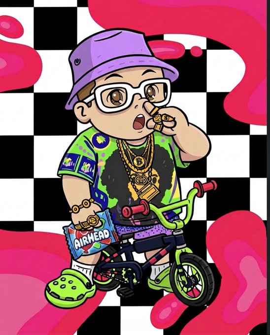 An anime-style illustration of a baby wearing a purple bucket hat, glasses, and gold chains, eating from an "AIRHEAD" candy bag while sitting on a small green bicycle against a checkered background.